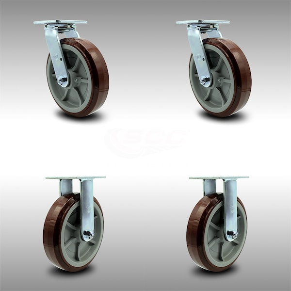 8 Inch SS Polyurethane Caster Set with Roller Bearings 2 Swivel 2 Rigid SCC